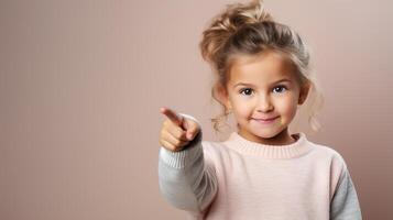 ai gerado retrato do uma lindo fofa pequeno caucasiano menina apontando dedo gesto, apontando para a esvaziar espaço. bandeira com cópia de espaço foto