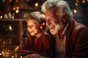 ai gerado alegre avô juntos com Neto jogando jogos em console, rindo pequeno Garoto dentro fones de ouvido e Vovô tendo Diversão dentro sala. família positivo estilo de vida foto