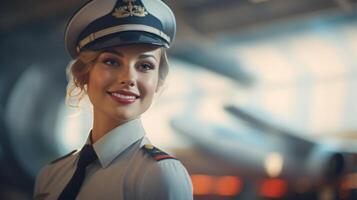ai gerado retrato do lindo sorridente jovem mulher profissional ar piloto dentro branco uniforme com boné em fundo do avião, cópia de espaço foto