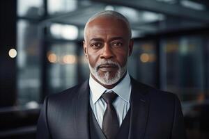 ai gerado masculino o negócio retrato, bem sucedido confiante meia idade africano americano homem de negocios dentro uma terno dentro escritório olhando às Câmera foto