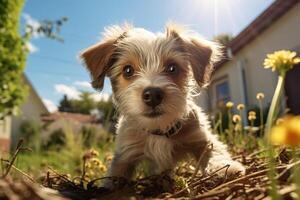 ai gerado curioso engraçado animal desgrenhado cachorro olhando às Câmera dentro quintal do casa ao ar livre foto