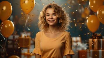 ai gerado feriado, retrato do uma feliz positivo fofa jovem mulher em uma festivo fundo do balões, confete e presentes foto