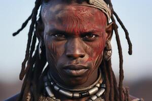 ai gerado retrato do uma primitivo Forte sério africano tribo homem com tradicional vermelho pintura em dele face ao ar livre foto