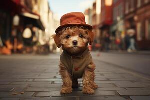 ai gerado engraçado fofa animal cachorro dentro roupas e uma chapéu em pé em rua foto