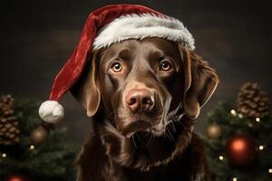 ai gerado Natal cachorro, retrato do uma de raça pura animal dentro uma vermelho festivo santa claus chapéu sentado dentro de casa contra fundo do uma decorado Natal árvore foto