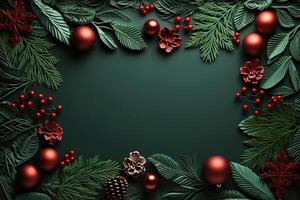 ai gerado natural quadro, Armação com esvaziar espaço para texto decoração vermelho bolas e abeto galhos em uma verde fundo, alegre Natal conceito foto