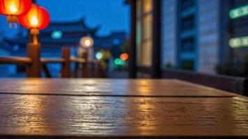 ai gerado esvaziar mesa dentro frente do chinês rua cidade com lanternas fundo. para produtos exibição montagem foto