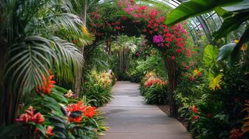 ai gerado lindo tropical jardim com flores e plantas dentro a verão temporada. foto
