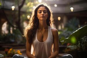 ai gerado calma com alma jovem mulher meditando dentro jardim. lindo morena praticando ioga sentado dentro lótus posição com fechadas olhos foto