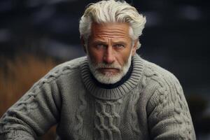 ai gerado masculino sazonal moda, retrato do uma bonito sério meia idade homem dentro uma caloroso tricotado acolhedor suéter dentro natureza. grisalho confiante Senior homem ao ar livre foto