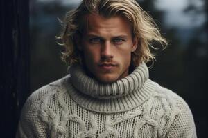 ai gerado retrato do uma bonito masculino modelo dentro uma caloroso tricotado cinzento suéter olhando às Câmera dentro natureza, masculino moda foto