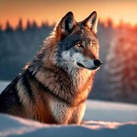 ai gerado lindo Lobo sentado dentro a neve assistindo a pôr do sol foto