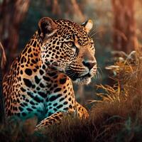 ai gerado majestoso visto jaguar, contemplando natureza foto