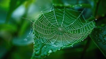 ai gerado beijado pelo orvalho aranha rede enfeites uma exuberante verde folha, da natureza delicado obra de arte em mostrar, ai gerado foto