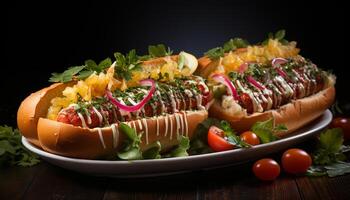 ai gerado grelhado carne sanduíche, fresco tomate, gourmet lanche em prato gerado de ai foto