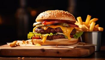 ai gerado grelhado Hamburguer de queijo com fritas, uma clássico americano velozes Comida refeição gerado de ai foto