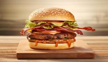 ai gerado grelhado Hamburguer de queijo em de madeira mesa, pronto para comer, com fritas gerado de ai foto