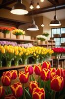 ai gerado colorida buquês do tulipas dentro uma flor fazer compras - fresco cortar flores dentro caixas e vasos dentro uma armazém e prateleiras para oferta, Entrega para a feriado. primavera, marcha 8, mulheres dia, aniversário. foto