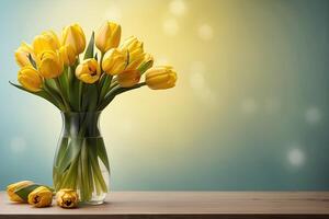ai gerado uma ramalhete do amarelo tulipas dentro uma vaso em a mesa em uma azul fundo com cópia de espaço. uma festivo aniversário cartão, marcha 8º, uma Primavera presente. ai gerado foto