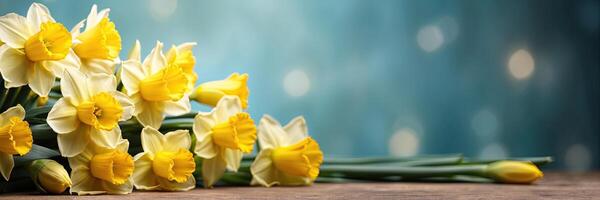 ai gerado uma ramalhete do amarelo narcisos em a mesa em uma sólido fundo com festivo bokeh luzes e cópia de espaço. uma festivo aniversário cartão, marcha 8º, uma Primavera presente. ai gerado foto