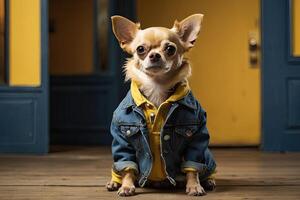 ai gerado uma chihuahua cachorro dentro uma caloroso jeans Jaqueta interior dentro a estúdio. cachorro moda, animal roupas. ai gerado foto