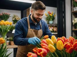 ai gerado homem florista coleta uma ramalhete do tulipas - fresco cortar flores dentro caixas e vasos dentro uma armazém e prateleiras para oferta, Entrega para a feriado. primavera, marcha 8, mulheres dia, aniversário foto