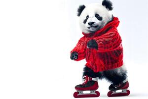 ai gerado uma panda dentro uma vermelho tricotado suéter em patins foto