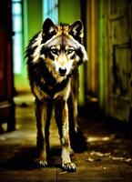 ai gerado retrato do uma Lobo dentro uma Sombrio corredor às noite. ai generativo foto