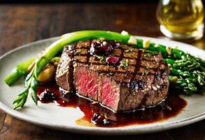 ai gerado carne bifes com espargos e balsâmico vinagre. ai generativo foto