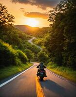 ai gerado motociclista equitação uma motocicleta em uma país estrada às pôr do sol. ai generativo foto