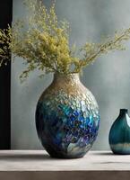 ai gerado colorida decorativo vidro vaso com verde e azul padronizar em a mesa. fechar acima. ai generativo foto