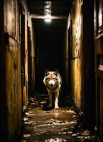 ai gerado retrato do uma Lobo dentro uma Sombrio corredor às noite. ai generativo foto