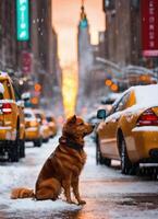 ai gerado fofa nova Escócia Pato pedágio retriever cachorro sentado em uma Nevado rua. ai generativo foto