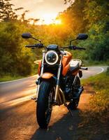 ai gerado motociclista equitação uma motocicleta em uma país estrada às pôr do sol. ai generativo foto