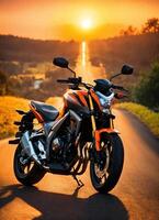 ai gerado motociclista equitação uma motocicleta em uma país estrada às pôr do sol. ai generativo foto