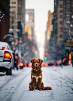 ai gerado fofa nova Escócia Pato pedágio retriever cachorro sentado em uma Nevado rua. ai generativo foto