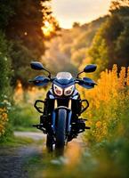 ai gerado motociclista equitação uma motocicleta em uma país estrada às pôr do sol. ai generativo foto
