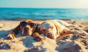 ai gerado dois relaxado cachorros com oculos de sol deitado em a de praia foto