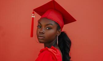 ai gerado elegante graduado - jovem mulher dentro vermelho boné e vestido foto