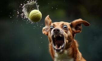 ai gerado Hilário momento do animado cachorro tentando para pegar tênis bola meio do ar foto