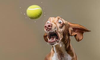 ai gerado Hilário momento do animado cachorro tentando para pegar tênis bola meio do ar foto