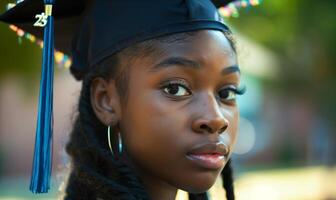 ai gerado graduação dia confiança - jovem afro americano mulher com boné foto