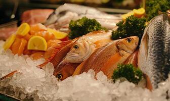 ai gerado fresco frutos do mar exibição - refrigerado peixe em gelo às mercado foto