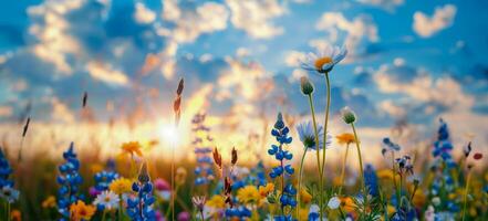 ai gerado sonhadores azul e branco flores silvestres dentro iluminado pelo sol Prado foto