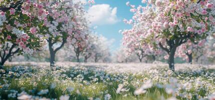 ai gerado maçã árvores dentro cheio flor com branco flores sobre exuberante Prado foto