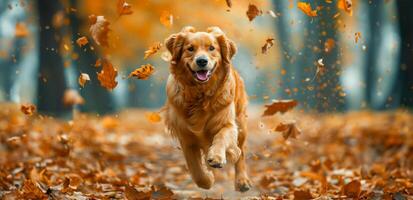 ai gerado feliz dourado retriever jogando dentro outono folhas foto