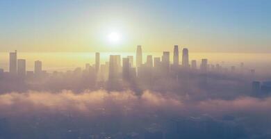 ai gerado nebuloso nascer do sol sobre a urbano Horizonte foto