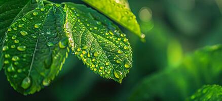 ai gerado gotas de orvalho em vibrante verde folhas dentro manhã luz foto