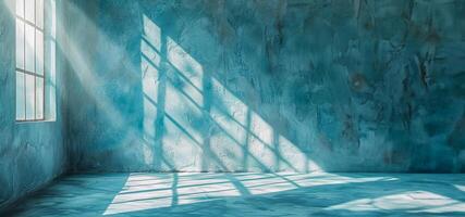 ai gerado minimalista azul quarto com luz solar através janela foto