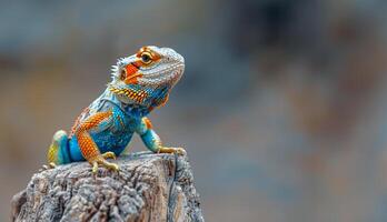 ai gerado colorida pantera camaleão empoleirado em uma toco foto